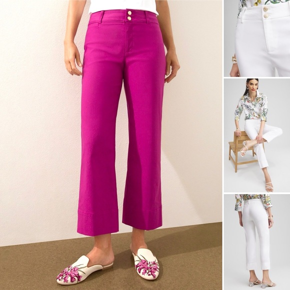 Chico’s MAGENTA ROSE Trapunto Wide Leg Cropped Pants Stretch Gold Buttons - Picture 1 of 13